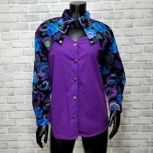 Vintage 80s Kayo of California Floral Western Button Up‎ Shirt Cutout Mock Neck